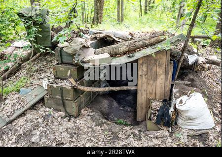 Sulyhivka, Ukraine. 15th May, 2023. The entrance to an abandoned Russian bunker in a forest near Sulyhivka, Kharkiv Oblast, Ukraine (Photo by Michael Brochstein/Sipa USA) Credit: Sipa USA/Alamy Live News Stock Photo