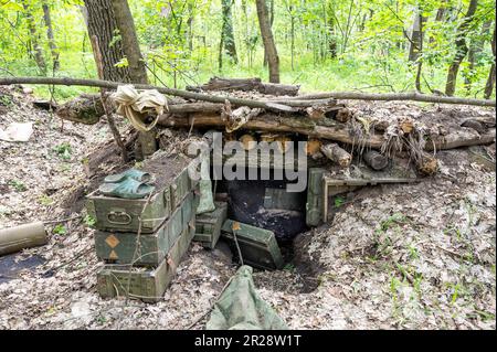 Sulyhivka, Ukraine. 15th May, 2023. The entrance to an abandoned Russian bunker in a forest near Sulyhivka, Kharkiv Oblast, Ukraine (Photo by Michael Brochstein/Sipa USA) Credit: Sipa USA/Alamy Live News Stock Photo