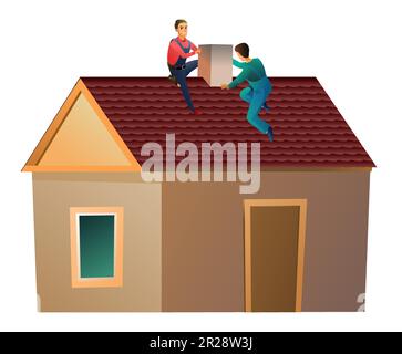Workers work on roof. Two workers are repairing stove chimney on roof. Small house and two workers. Service illustration Isolated on white background Stock Vector