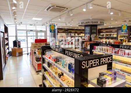 Bruzgi, Belarus - August 11, 2019: Shelves with alcoholic beverages in in Bela Market Duty Free shop at the checkpoint Bruzgi. Stock Photo