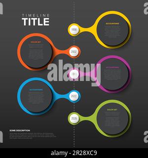 Vector dark vertical progress steps template made from six circle shapes with year numbers, descriptions and icons and rainbow colorful timeline. Dark Stock Vector