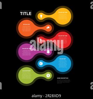 Vector dark vertical progress steps template made from six circle shapes with descriptions and icons and rainbow colorful timeline. Dark timeline with Stock Vector
