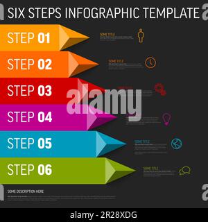 Vector dark multipurpose Infographic template with title and six steps items. Multipurpose Infochart with modern colors stripe lines icons and pyramid Stock Vector