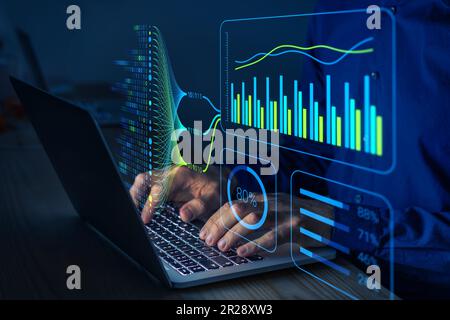Data analytics and insights powered by big data and artificial intelligence technologies. Data scientist working with complex information analysed by Stock Photo
