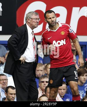 File photo dated 11-09-2010 of Sir Alex Ferguson with Ryan Giggs. It's been 10 years since Sir Alex Ferguson's last match in charge of Manchester United. His trophy-laden reign at Manchester United was illuminated by his often fiery rhetoric. On seeing Ryan Giggs as a schoolboy 'I remember the first time I saw him. He was 13 and just floated over the ground like a cocker spaniel chasing a piece of silver paper in the wind.' Issue date: Thursday May 18, 2023. Stock Photo