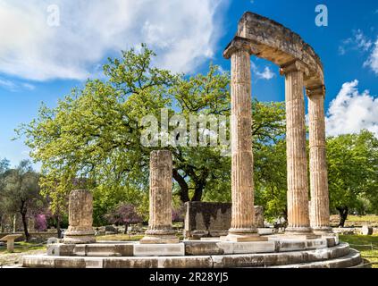 Ionic columns at Philippeion, Classical period, sanctuary of Ancient Olympia, Peloponnese peninsula, West Greece region, Greece Stock Photo