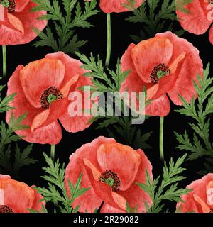 Poppy flower seamless pattern. Watercolor hand drawn poppy flowers ...