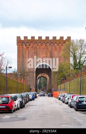 Siena, Italy - APR 7, 2022: Porta Romana is one of the portals in the medieval Walls of Siena. It is located on Via Cassia in Siena, region of Tuscany Stock Photo