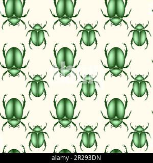 seamless pattern of a scarab beetles, vector insect in shiny green color isolated on a white vintage background Stock Vector