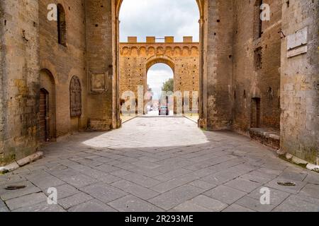 Siena, Italy - APR 7, 2022: Porta Romana is one of the portals in the medieval Walls of Siena. It is located on Via Cassia in Siena, region of Tuscany Stock Photo