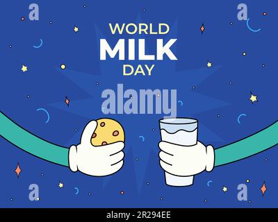 World Milk Day. June 1. Horizontal banner with cartoon hands with a glass of milk and cookies. Holiday concept. Retro style poster. Stock Vector