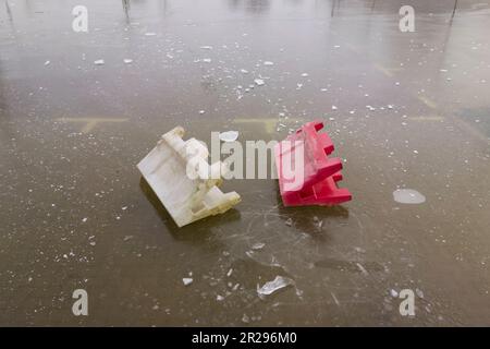 Flooded car park now water frozen in winter, Oxford, UK Stock Photo