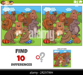Cartoon illustration of finding the differences between pictures educational activity with bears animal characters Stock Vector