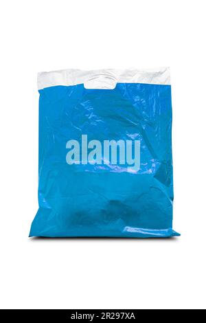 Close up of a used blue plastic bag isolated on white background. With clipping path Stock Photo