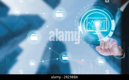 Online documentation database and document management system concept, Businessman using icon tablet or computer,Document Management System and Automat Stock Photo
