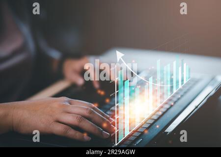 Business finance technology and investment concept. Stock Market Investments Funds and Digital Assets. Woman using laptop or computer and trading grap Stock Photo