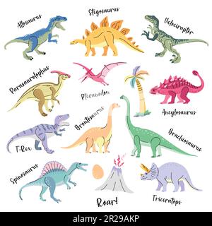 Set of cute bright dinosaurs including T-rex, Brontosaurus, Triceratops, Velociraptor, Pteranodon, Allosaurus, etc. Isolated on white Trend Stock Vector