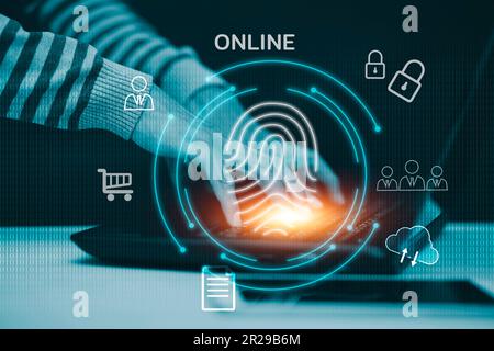 Hand Hacker touch laptop or smartphone and Touching in graph Screen code of a media screen on the White background, Technology Process System Business Stock Photo