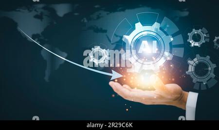 Businessman hold arrow with Artificial Intelligence (AI),on big data network machine learning and data on the dark background, artificial intelligence Stock Photo