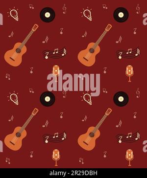 Seamless music pattern, guitar notes, vinyl record, retro style, red backgraund Stock Vector