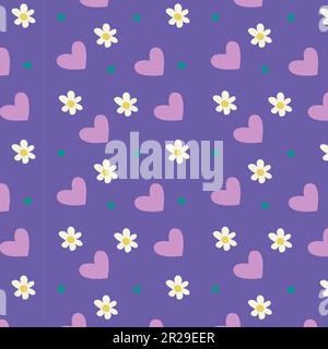 Seamless pattern with daisy flower, circles and hand drawn hearts on purple background vector illustration. Stock Vector