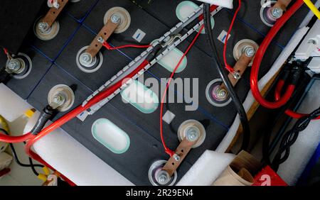 Electric vehicle lithium NMC battery. Electric car battery. Lithium-ion cell pack. Lithium NMC rechargeable battery. Energy storage technology. High Stock Photo