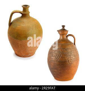 Ceramic amphorae isolated on white background. Collage. Stock Photo