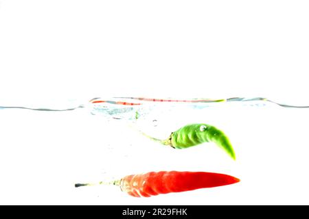 Red chilli, water splashes, solated on a white background Stock Photo