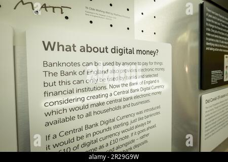 London- May 2023: Central Bank Digital Currency information sign inside the Bank Of England Museum Stock Photo
