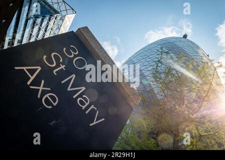London- May 2023: 30 St Mary Axe aka Gherkin building in the city of London Stock Photo