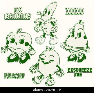 Ftuits groovy illustration stickers retro style Stock Vector