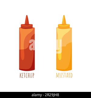 Tall bottles of ketchup and mustard with script isolated on white background. Red and yellow sauces pack. For flash cards, menu, poster. Vector illustration. Stock Vector