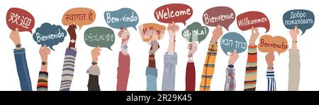 Hand raised of multicultural people from different nations and continents holding speech bubbles with text -Welcome- in various international language Stock Vector