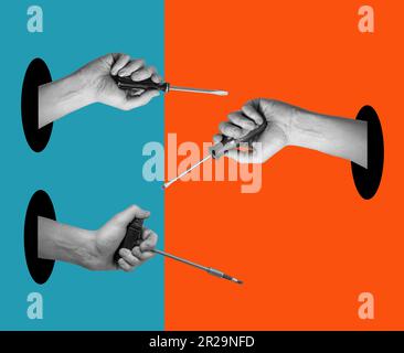 Art collage of hands with tools on a surreal background. Concept of technical support, warranty service, and repair. Stock Photo