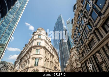 London- Upwards view of modern and old city of London financial buildings Stock Photo