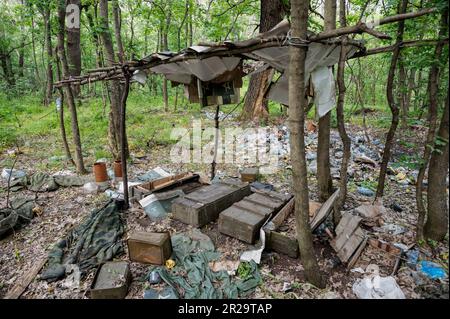 Sulyhivka, Ukraine. 15th May, 2023. An abandoned Russian camp in a forest near Sulyhivka, Kharkiv Oblast, Ukraine Credit: SOPA Images Limited/Alamy Live News Stock Photo