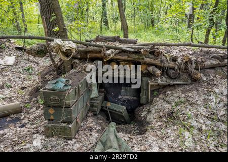 Sulyhivka, Ukraine. 15th May, 2023. The entrance to an abandoned Russian bunker in a forest near Sulyhivka, Kharkiv Oblast. Credit: SOPA Images Limited/Alamy Live News Stock Photo