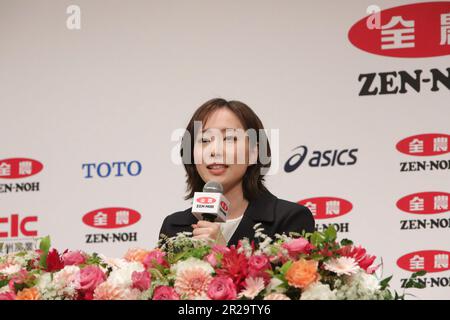 Tokyo, Japan. 18th May, 2023. Japanese women's table tennis Olympic medalist Ishikawa Kasumi speaks at her retirement press conference in Tokyo, Japan, May 18, 2023. Credit: Yue Chenxing/Xinhua/Alamy Live News Stock Photo