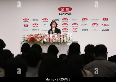 Tokyo, Japan. 18th May, 2023. Japanese women's table tennis Olympic medalist Ishikawa Kasumi speaks at her retirement press conference in Tokyo, Japan, May 18, 2023. Credit: Yue Chenxing/Xinhua/Alamy Live News Stock Photo