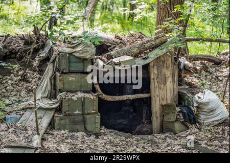 Sulyhivka, Kharkiv Oblast, Ukraine. 15th May, 2023. The entrance to an abandoned Russian bunker in a forest near Sulyhivka, Kharkiv Oblast. (Credit Image: © Michael Brochstein/SOPA Images via ZUMA Press Wire) EDITORIAL USAGE ONLY! Not for Commercial USAGE! Stock Photo