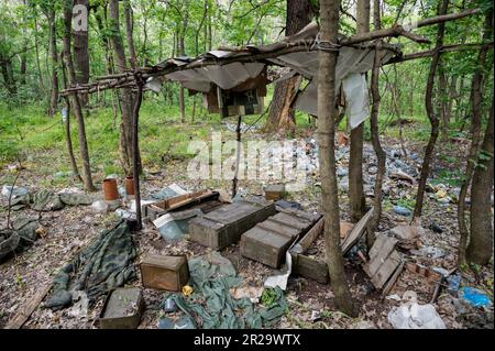 Sulyhivka, Kharkiv Oblast, Ukraine. 15th May, 2023. An abandoned Russian camp in a forest near Sulyhivka, Kharkiv Oblast, Ukraine (Credit Image: © Michael Brochstein/SOPA Images via ZUMA Press Wire) EDITORIAL USAGE ONLY! Not for Commercial USAGE! Stock Photo