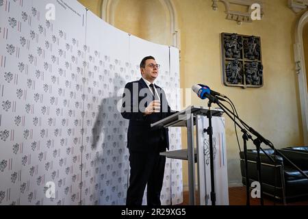 Briefing by Foreign Minister Jan Lipavsky (pictured) on Russian threats regarding the Russian embassy land in Prague, Czech Republic, May 18, 2023. Czech authorities' demand that Moscow should pay rent, even retroactively, for the plots of its diplomatic facilities in the Czech Republic. Czech Prime Minister Petr Fiala and Foreign Minister Jan Lipavsky said Russia was using the plots for purposes other than diplomatic ones, so there was no reason to continue to provide them free of charge. Russian Foreign Ministry spokeswoman Maria Zakharova said Moscow would take 'protective measures' and als Stock Photo