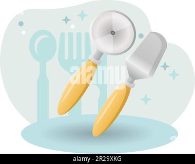 Tableware illustration. Kitchen spatula, pizza knife, handle, steel. Editable vector graphic design. Stock Vector