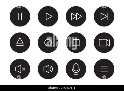 Audio sound, video player button line icon. Music play, sound mute, pause button thin editable line icon set. Microphone, camera, audio pictogram. Vector illustration. Stock Vector