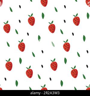Doodle colorful outline strawberry seamless pattern with green leaves on white background. Stock Vector