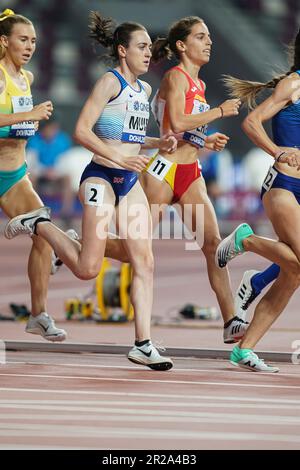 Laura Muir running the 1500m at the 2019 World Athletics Championships in Doha. Stock Photo