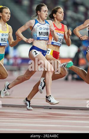 Laura Muir running the 1500m at the 2019 World Athletics Championships in Doha. Stock Photo