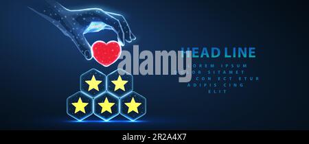 5 stars made pyramid with heart in digital hand on top of it. Star rating, review feedback, five stars servise Stock Vector