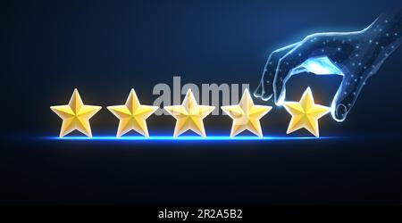 5 stars with digital hand. Star rating, review feedback, five stars servise Stock Vector