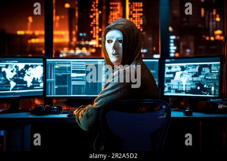 hacker in white mask with computer and server, illuminated city in the background Stock Photo